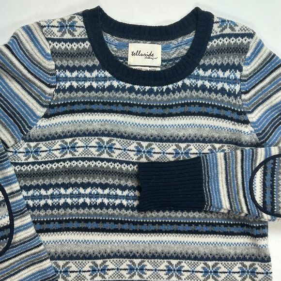 Telluride Clothing Lambswool Blend Blue Icelandic Stripe Crewneck Sweater Size L - Picture 7 of 8